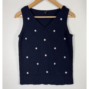 Talbots Womens Sweater Vest Small Navy‎ Blue White Star Embroidered Knit Cotton